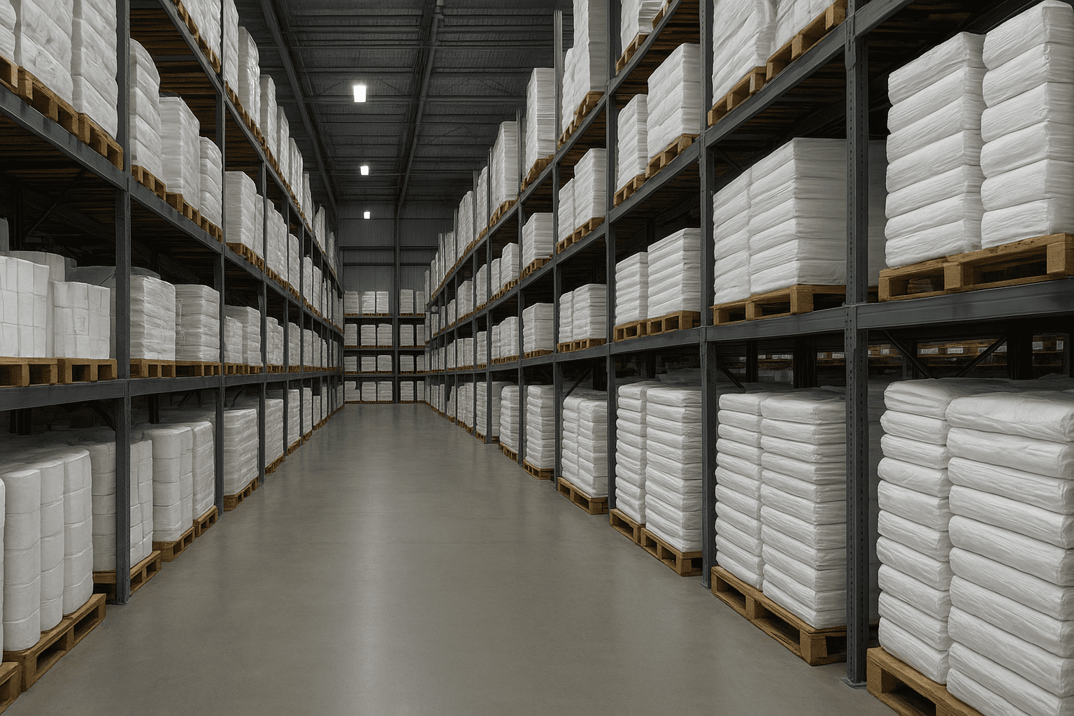 Armazém industrial com estoque de papel higiênico e lençol hospitalar embalados em pallets, produtos da KLPAPER