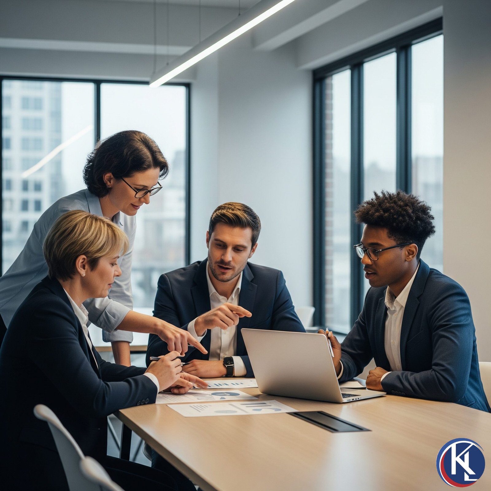 Equipe administrativa da KLpaper, composta por quatro pessoas, se reunindo em um escritório moderno para discutir documentos e planos de negócio.