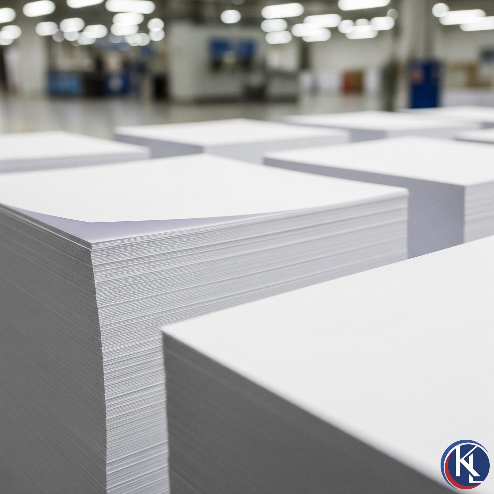 Pilhas de papel interfolha branco 100% celulose da KLpaper em um ambiente de fábrica limpo e moderno, transmitindo qualidade e luxo.
