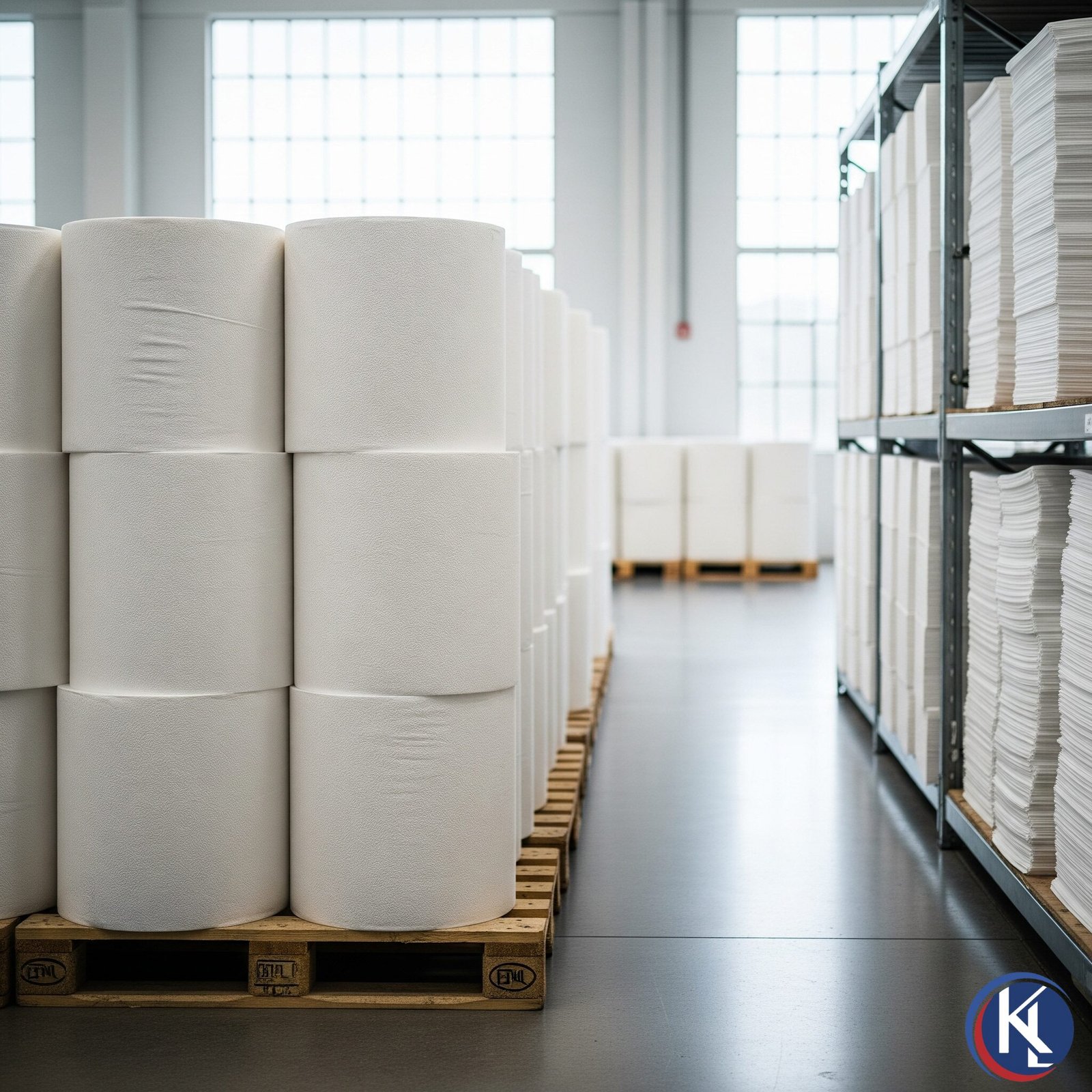 Produtos para higiene institucional da KLpaper, incluindo grandes rolos de papel higiênico industrial e pacotes de lençol hospitalar em ambiente de fábrica.
